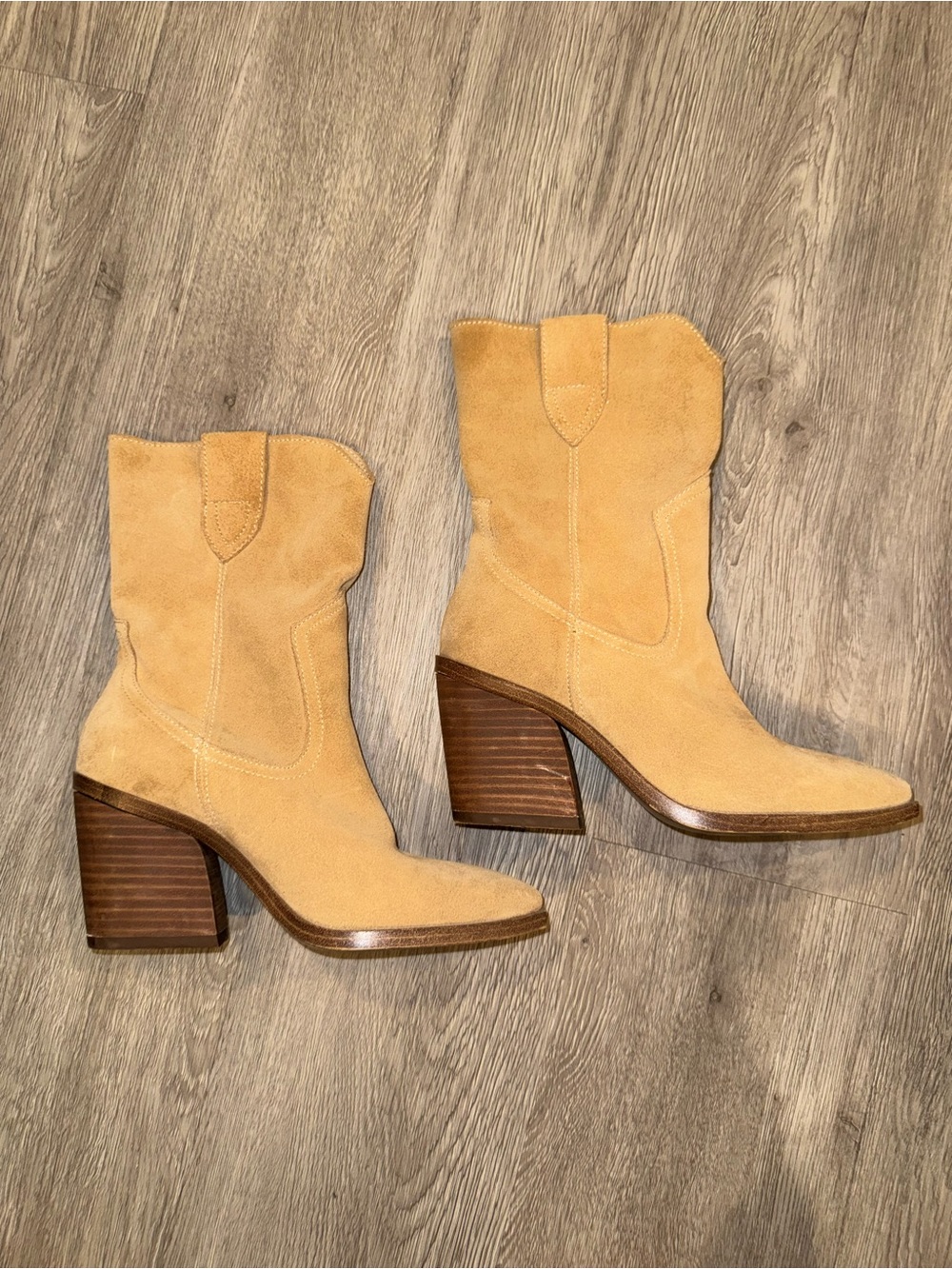 Marc Fisher Tan Suede Western Block Heel Boots